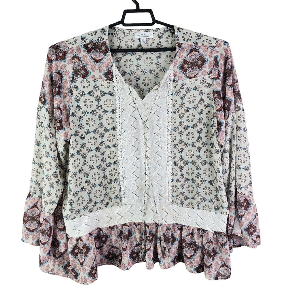 Womens Boho Floral Print Tunic Top Blouse LA Threads Long Sleeve V Neck Size 2X